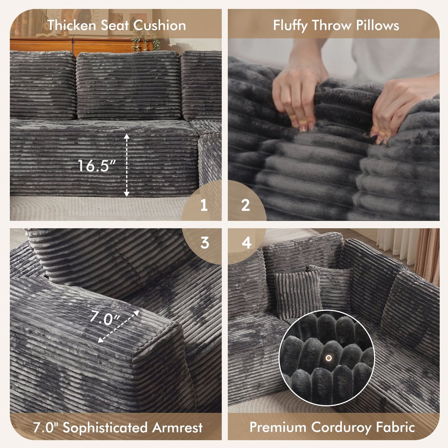 OVIOS L-Shaped Cloud Sectional Sofa with Chaise - Plush Corduroy, Memory Foam & No Assembly