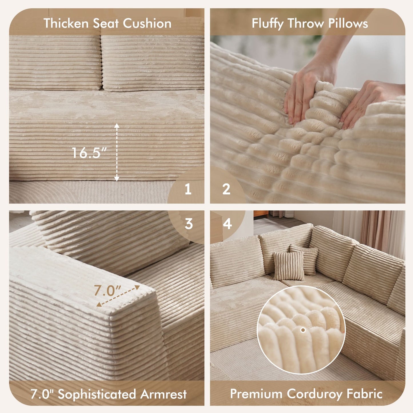 OVIOS Modular Cloud Sofa with Memory Foam & L-Shaped Chaise,Corduroy Fabric Sofa, No Assembly Required