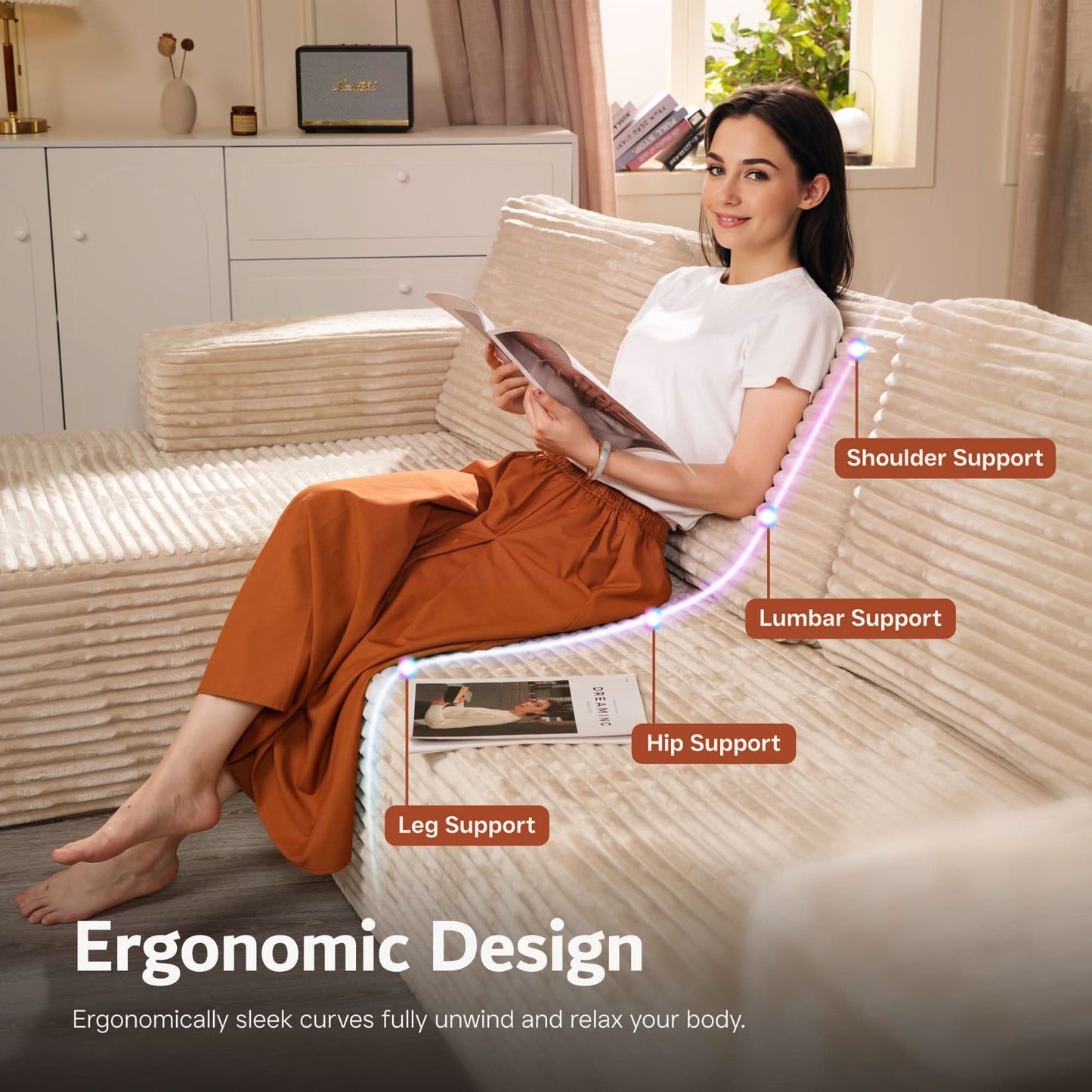 OVIOS Modular Cloud Sofa Corduroy with Memory Foam, U-Shaped Chaise, No Assembly Required