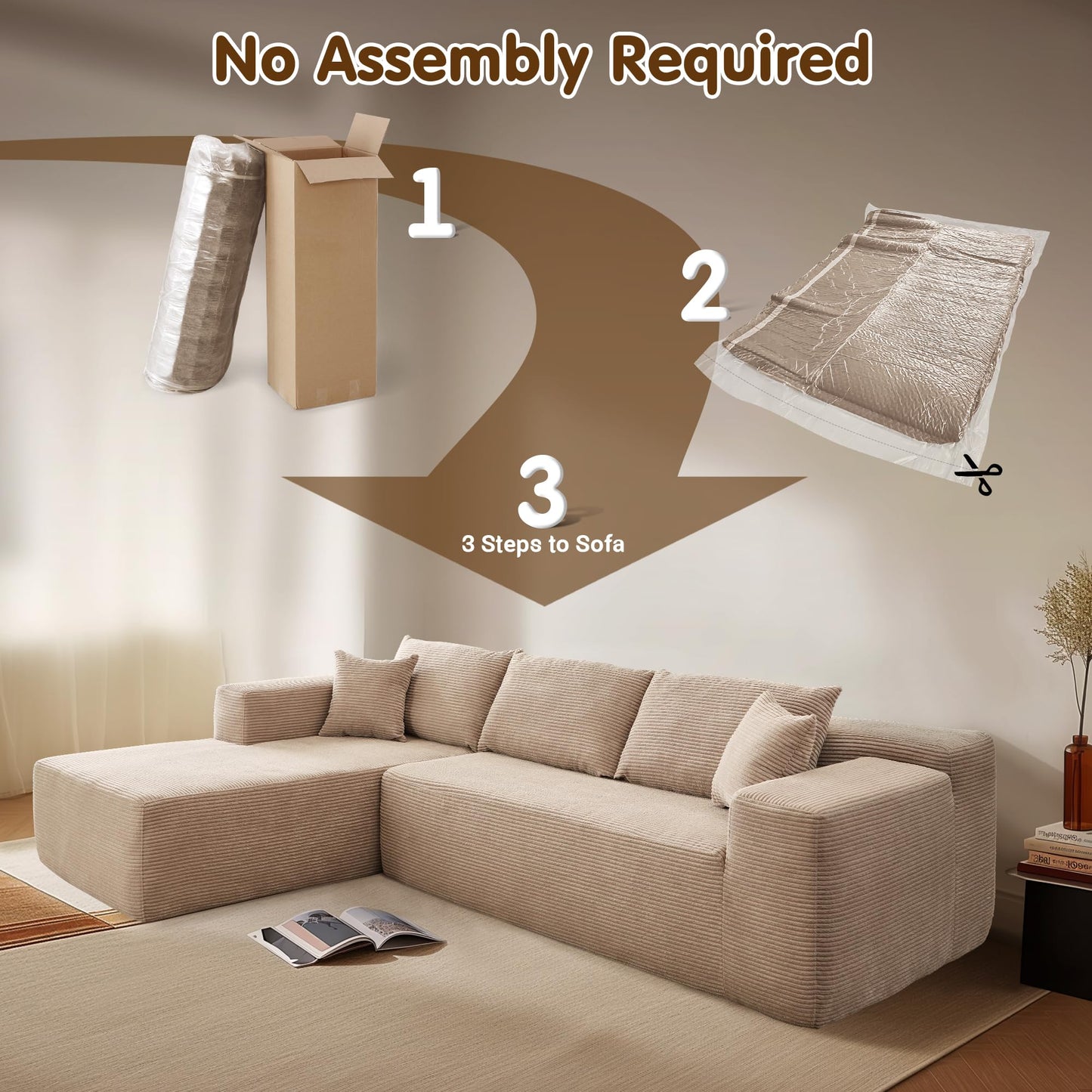 OVIOS 104" L-Shape Modular Couch with Chaise,Corduroy Fabric,No Assembly Required