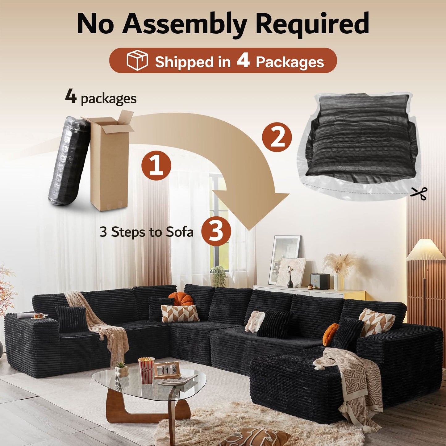 OVIOS Modular Sectional Cloud Couch, Plush Corduroy Sofa with Memory Foam, U-Shaped Chaise, No Assembly