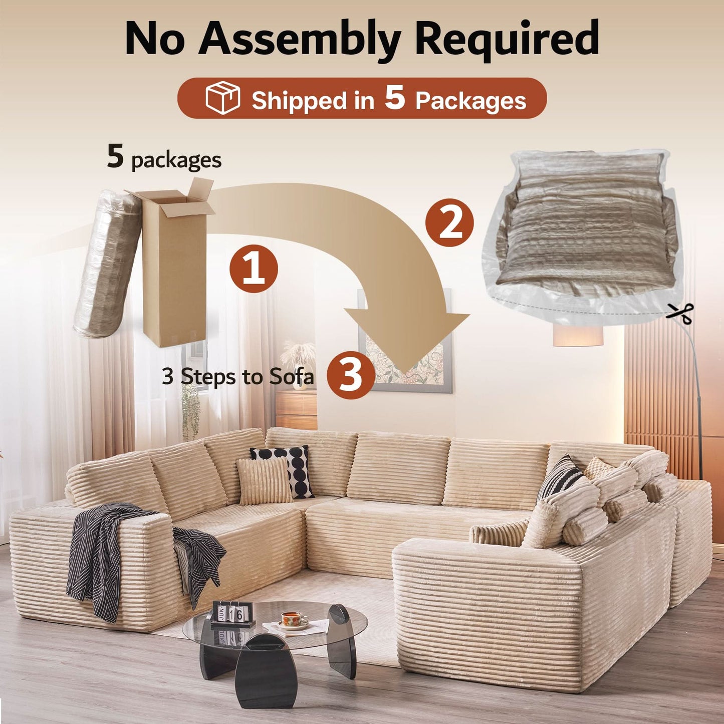 OVIOS Modular Cloud Sofa Corduroy with Memory Foam, U-Shaped Chaise, No Assembly Required